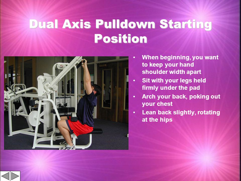 Dual Axis Pulldown Starting Position When beginning, you want to keep your hand shoulder width apart Sit with your legs held firmly under the pad Arch your back, poking out your chest Lean back slightly, rotating at the hips