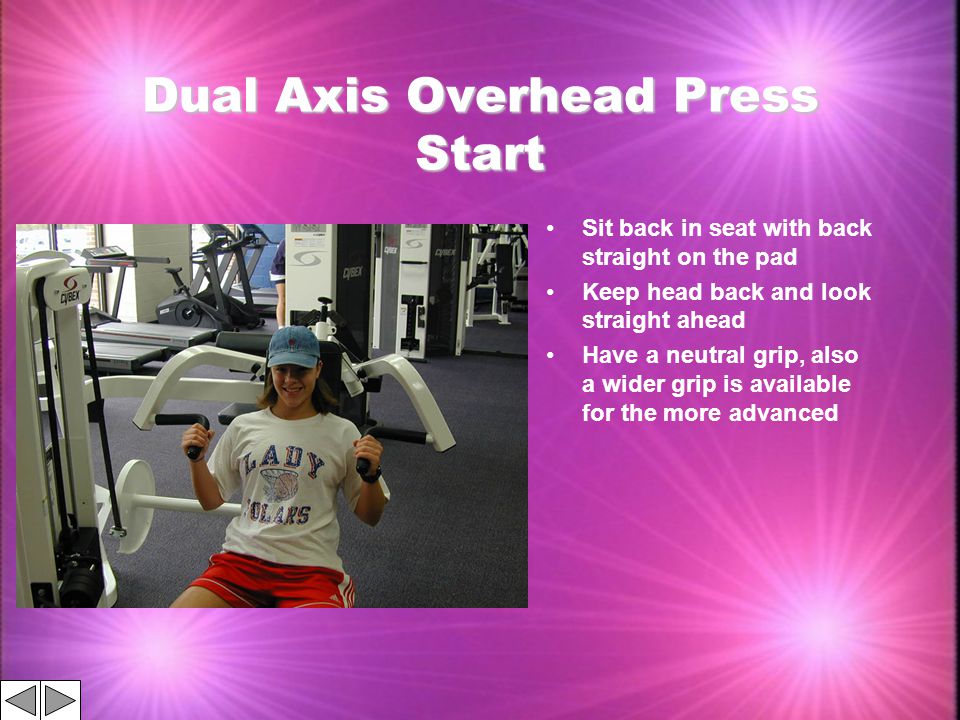 Dual Axis Overhead Press Start Sit back in seat with back straight on the pad Keep head back and look straight ahead Have a neutral grip, also a wider grip is available for the more advanced