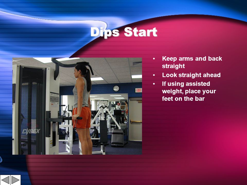 Dips Start Keep arms and back straight Look straight ahead If using assisted weight, place your feet on the bar