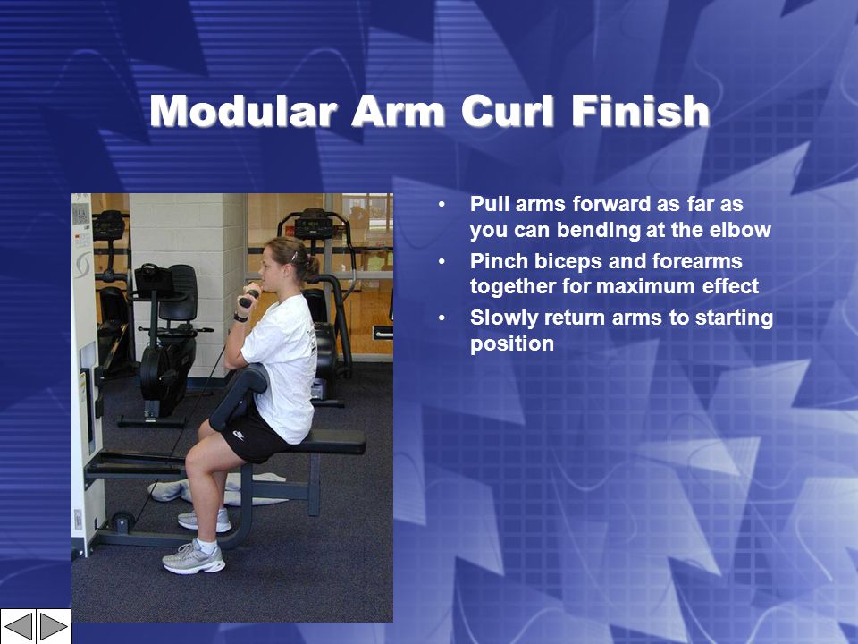 Modular Arm Curl Finish Pull arms forward as far as you can bending at the elbow Pinch biceps and forearms together for maximum effect Slowly return arms to starting position