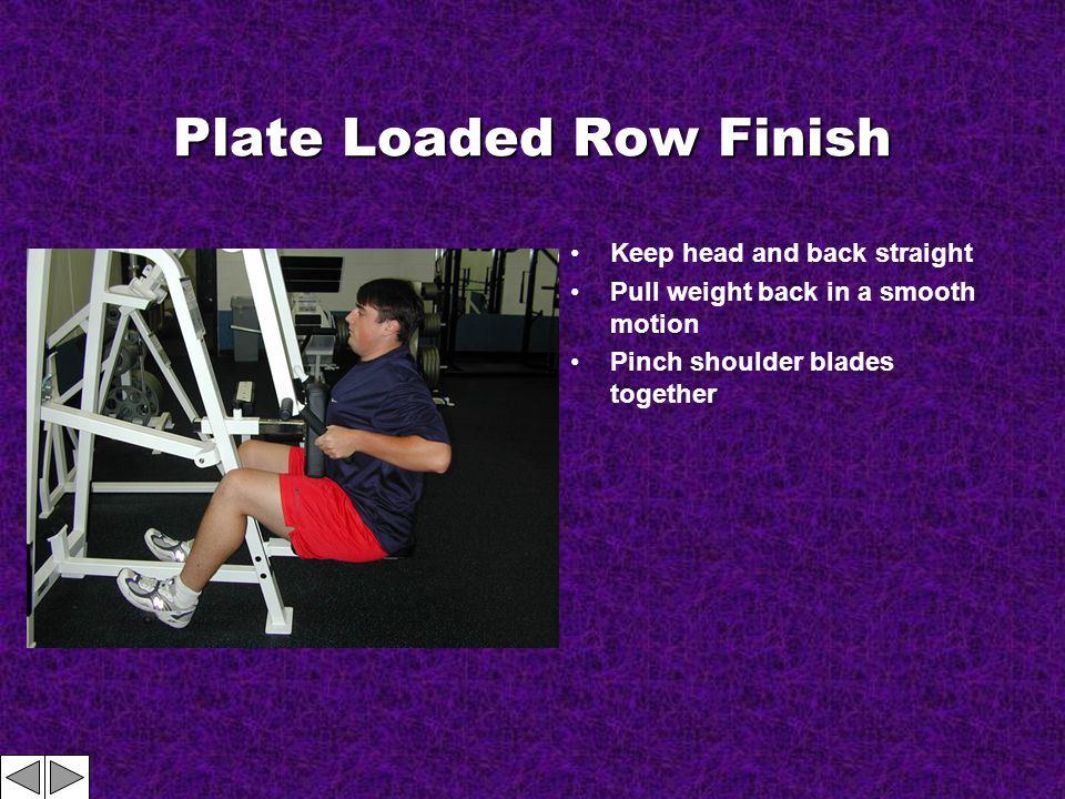 Plate Loaded Row Finish Keep head and back straight Pull weight back in a smooth motion Pinch shoulder blades together