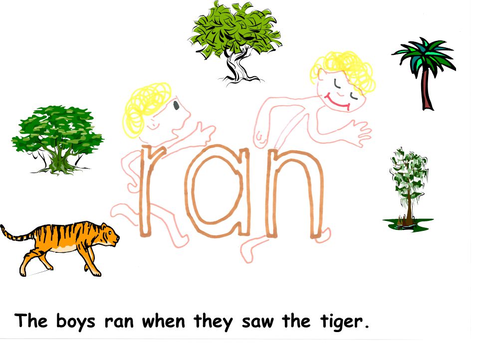 The boys ran when they saw the tiger.