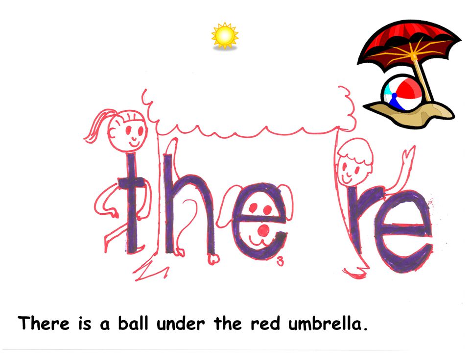 There is a ball under the red umbrella.