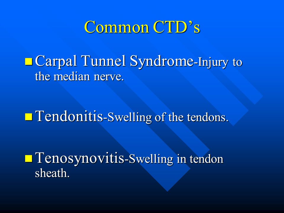 Common CTDs Carpal Tunnel Syndrome -Injury to the median nerve.