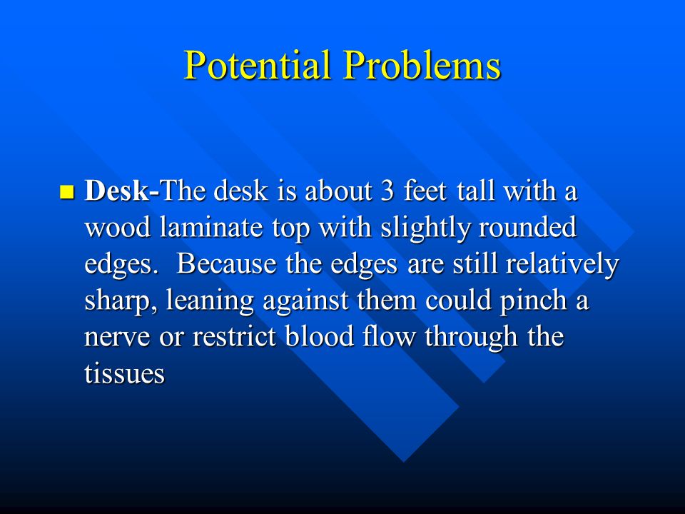 Potential Problems Desk-The desk is about 3 feet tall with a wood laminate top with slightly rounded edges.