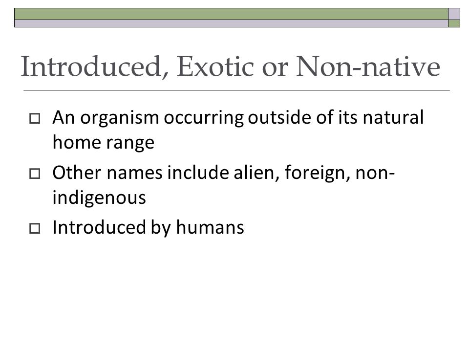 Introduced, Exotic or Non-native An organism occurring outside of its natural home range Other names include alien, foreign, non- indigenous Introduced by humans