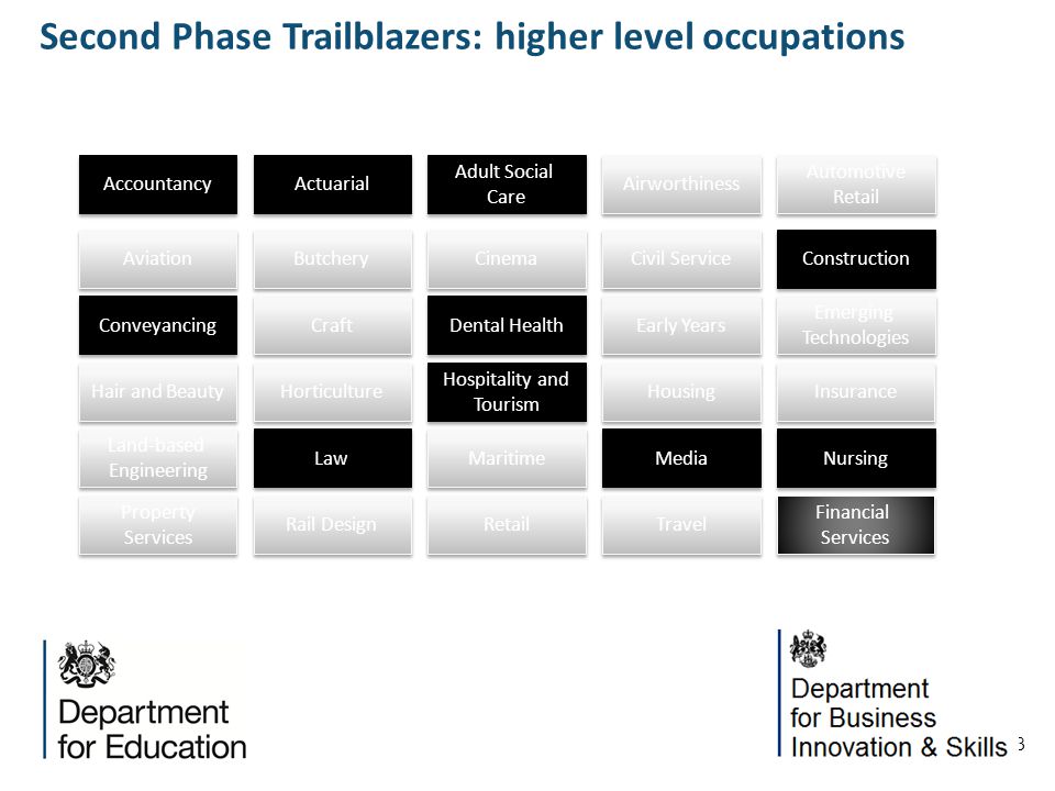 3 Second Phase Trailblazers: higher level occupations Accountancy Actuarial Adult Social Care Adult Social Care Airworthiness Automotive Retail Automotive Retail Aviation Butchery Cinema Civil Service Construction Conveyancing Craft Dental Health Early Years Emerging Technologies Emerging Technologies Hair and Beauty Horticulture Hospitality and Tourism Hospitality and Tourism Housing Land-based Engineering Land-based Engineering Law Maritime Media Nursing Property Services Property Services Rail Design Retail Travel Insurance Financial Services Financial Services