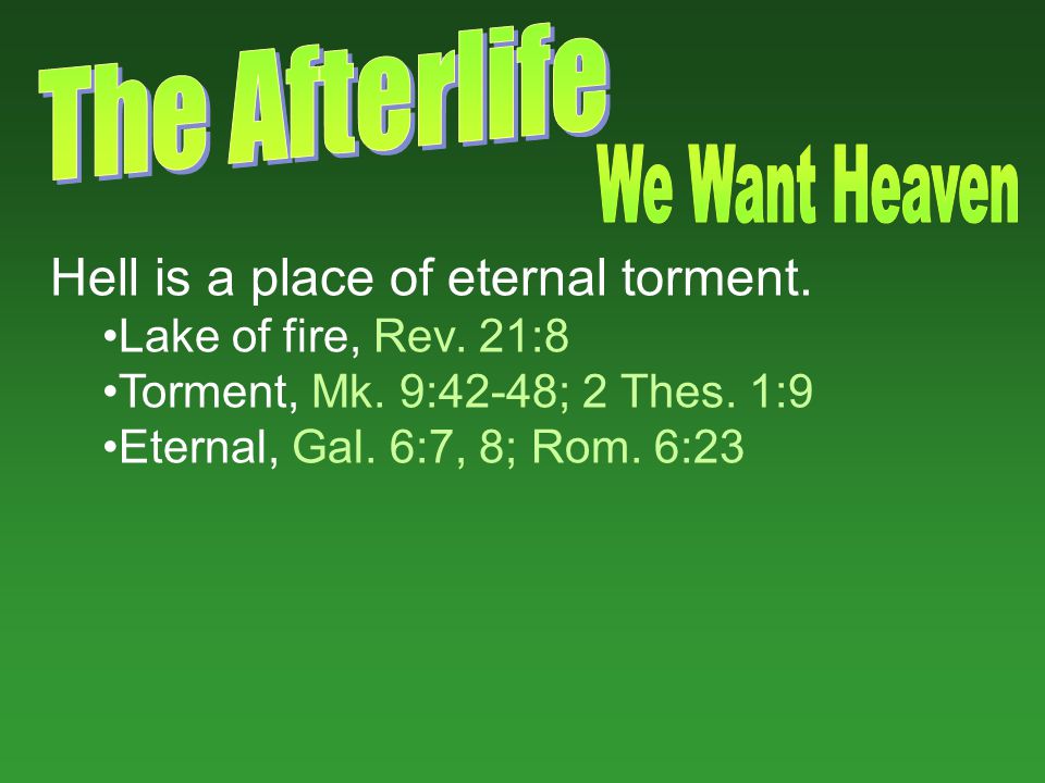 Hell is a place of eternal torment. Lake of fire, Rev.