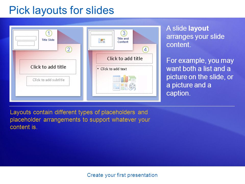Create your first presentation Pick layouts for slides A slide layout arranges your slide content.