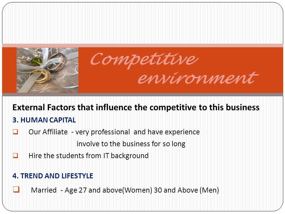 Competitive environment External Factors that influence the competitive to this business 3.
