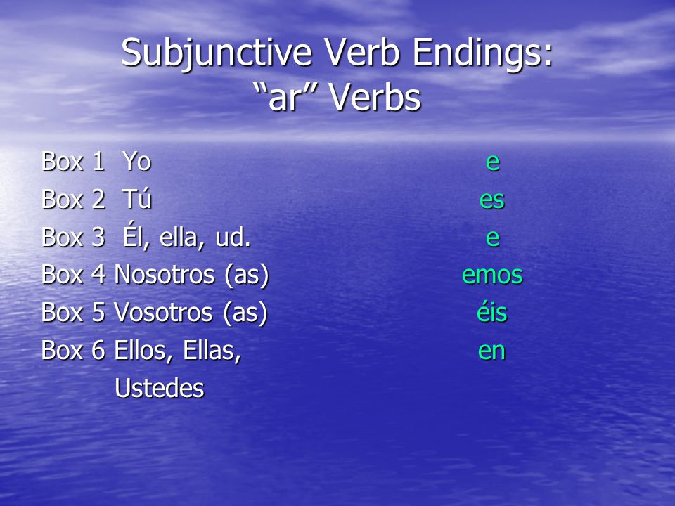 Subjunctive Verb Endings: ar Verbs Box 1 Yo Box 2 Tú Box 3 Él, ella, ud.