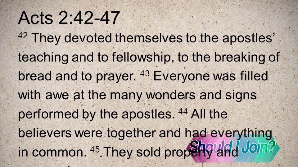 Acts 2: They devoted themselves to the apostles teaching and to fellowship, to the breaking of bread and to prayer.