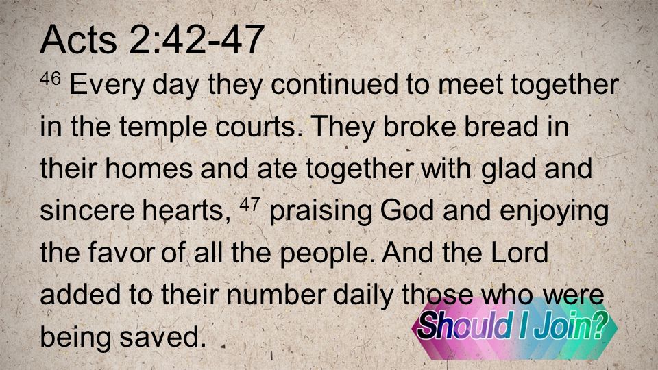Acts 2: Every day they continued to meet together in the temple courts.