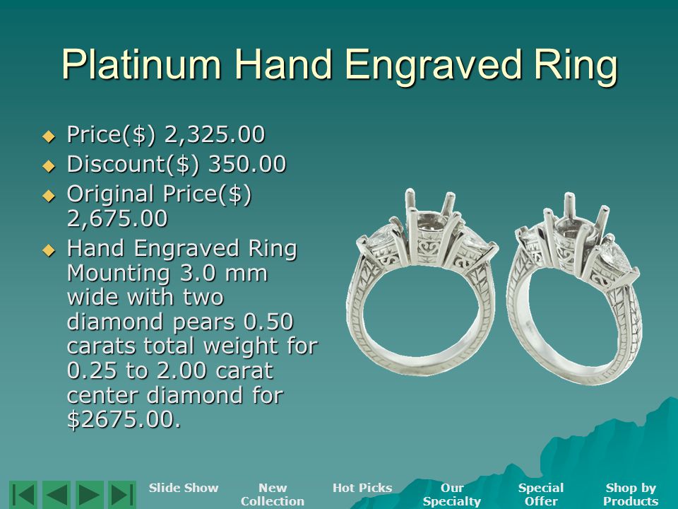 Ring Mounting Price($) 1, Price($) 1, Discount($) Discount($) Original Price($) 1, Original Price($) 1, Platinum Ring Mounting 3.0 mm wide with four sapphire baguettes 0.50 carats total weight for 0.25 to 2.00 carat center diamond for $