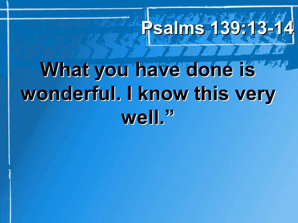 What you have done is wonderful. I know this very well. Psalms 139:13-14