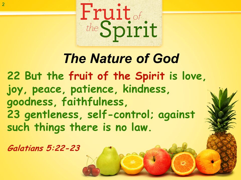 1. The Nature of God 2 22 But the fruit of the is love, joy, peace, patience, goodness, faithfulness, 23 gentleness, self-control; against. - ppt download