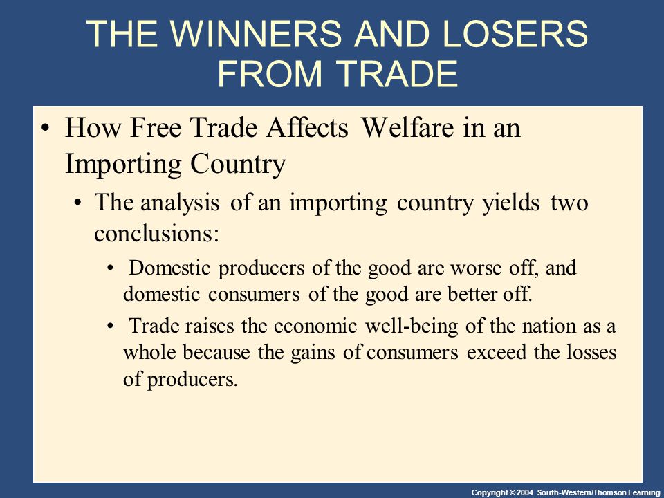 Copyright © 2004 South-Western/Thomson Learning THE WINNERS AND LOSERS FROM TRADE How Free Trade Affects Welfare in an Importing Country The analysis of an importing country yields two conclusions: Domestic producers of the good are worse off, and domestic consumers of the good are better off.