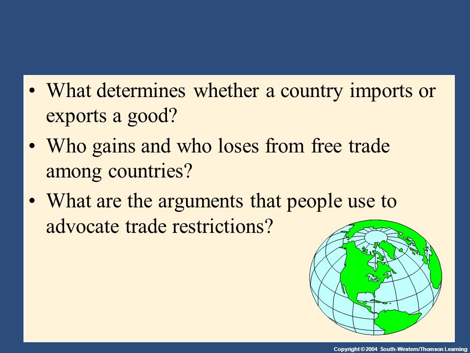 Copyright © 2004 South-Western/Thomson Learning What determines whether a country imports or exports a good.