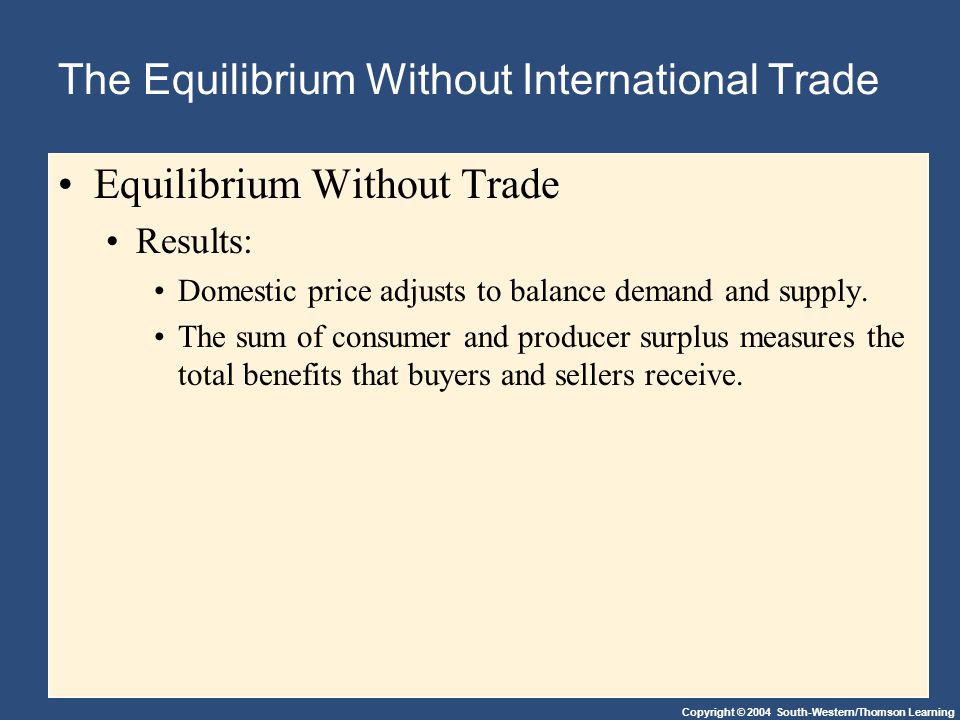 Copyright © 2004 South-Western/Thomson Learning The Equilibrium Without International Trade Equilibrium Without Trade Results: Domestic price adjusts to balance demand and supply.