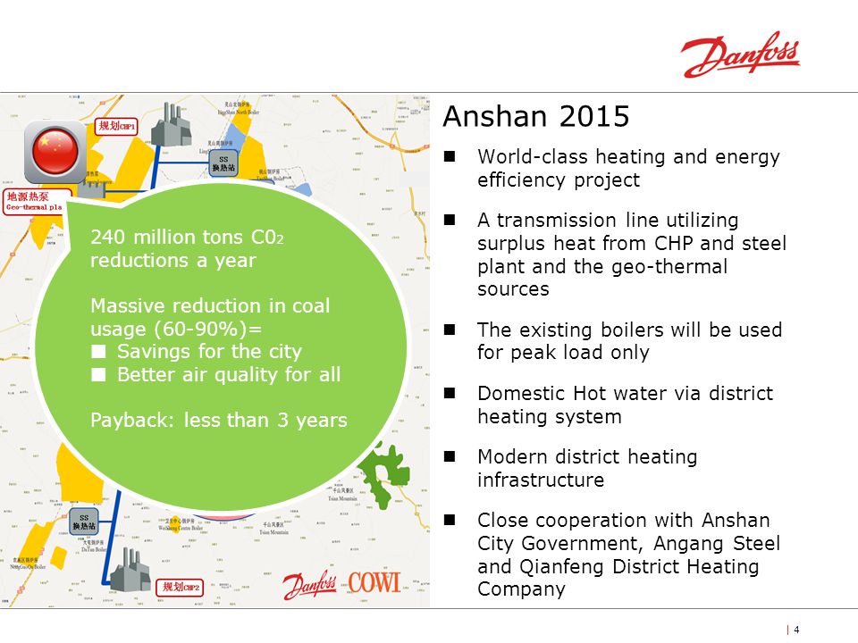 | 4 Anshan 2015 World-class heating and energy efficiency project A transmission line utilizing surplus heat from CHP and steel plant and the geo-thermal sources The existing boilers will be used for peak load only Domestic Hot water via district heating system Modern district heating infrastructure Close cooperation with Anshan City Government, Angang Steel and Qianfeng District Heating Company 240 million tons C0 2 reductions a year Massive reduction in coal usage (60-90%)= Savings for the city Better air quality for all Payback: less than 3 years