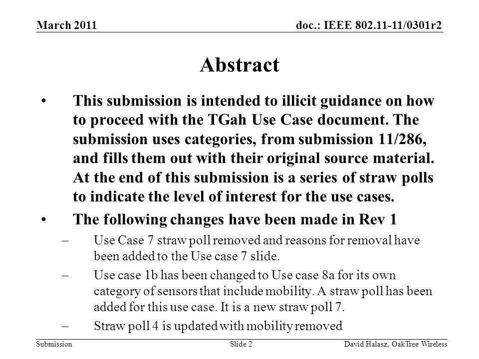 doc.: IEEE /0301r2 Submission Abstract This submission is intended to illicit guidance on how to proceed with the TGah Use Case document.