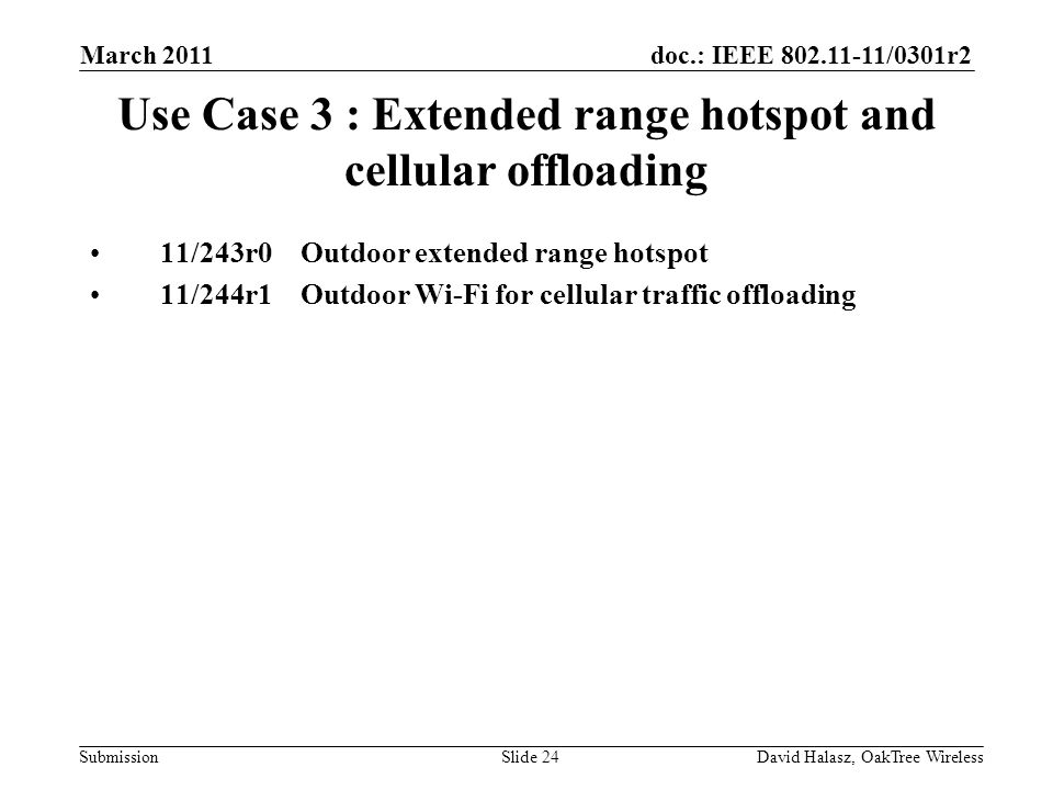doc.: IEEE /0301r2 Submission Use Case 3 : Extended range hotspot and cellular offloading 11/243r0Outdoor extended range hotspot 11/244r1Outdoor Wi-Fi for cellular traffic offloading March 2011 David Halasz, OakTree WirelessSlide 24