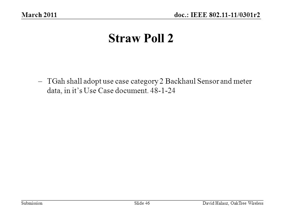 doc.: IEEE /0301r2 Submission Straw Poll 2 –TGah shall adopt use case category 2 Backhaul Sensor and meter data, in its Use Case document.