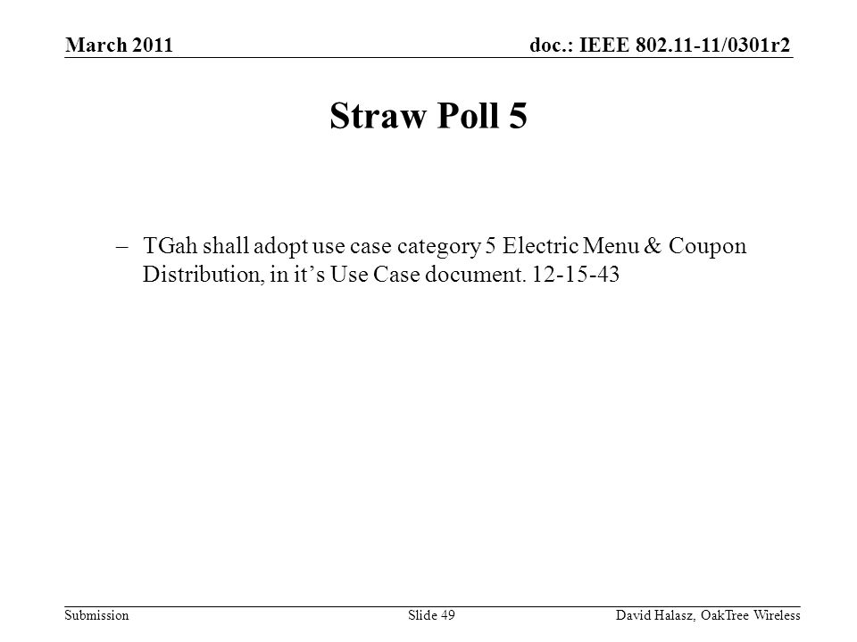 doc.: IEEE /0301r2 Submission Straw Poll 5 –TGah shall adopt use case category 5 Electric Menu & Coupon Distribution, in its Use Case document.