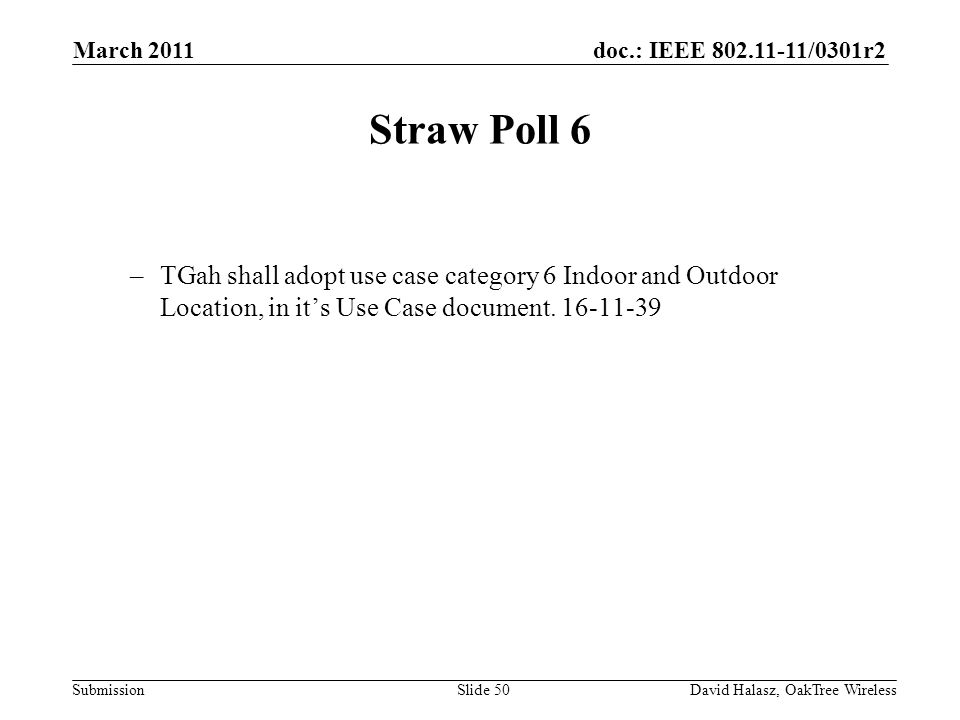 doc.: IEEE /0301r2 Submission Straw Poll 6 –TGah shall adopt use case category 6 Indoor and Outdoor Location, in its Use Case document.