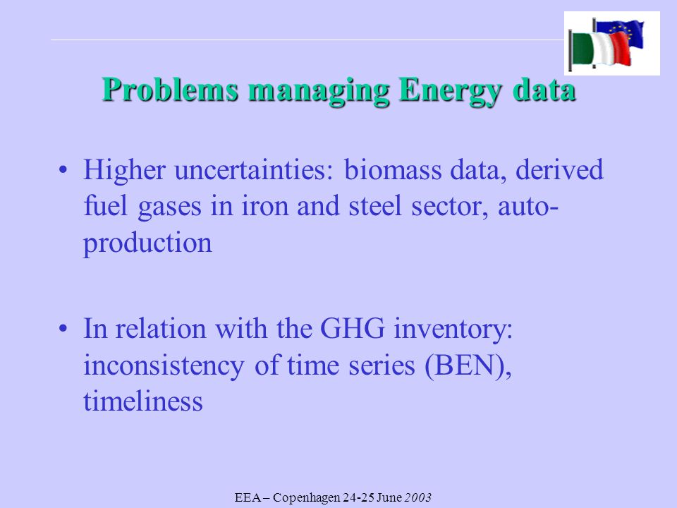 EEA – Copenhagen June 2003 Problems managing Energy data Higher uncertainties: biomass data, derived fuel gases in iron and steel sector, auto- production In relation with the GHG inventory: inconsistency of time series (BEN), timeliness
