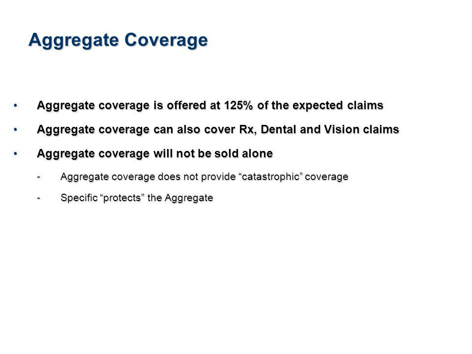 11See Notice About This Presentation Aggregate Coverage Aggregate coverage is offered at 125% of the expected claimsAggregate coverage is offered at 125% of the expected claims Aggregate coverage can also cover Rx, Dental and Vision claimsAggregate coverage can also cover Rx, Dental and Vision claims Aggregate coverage will not be sold aloneAggregate coverage will not be sold alone -Aggregate coverage does not provide catastrophic coverage -Specific protects the Aggregate