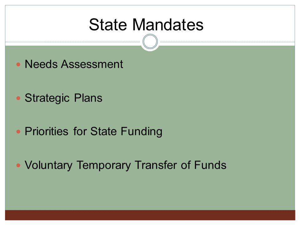 Needs Assessment Strategic Plans Priorities for State Funding Voluntary Temporary Transfer of Funds State Mandates