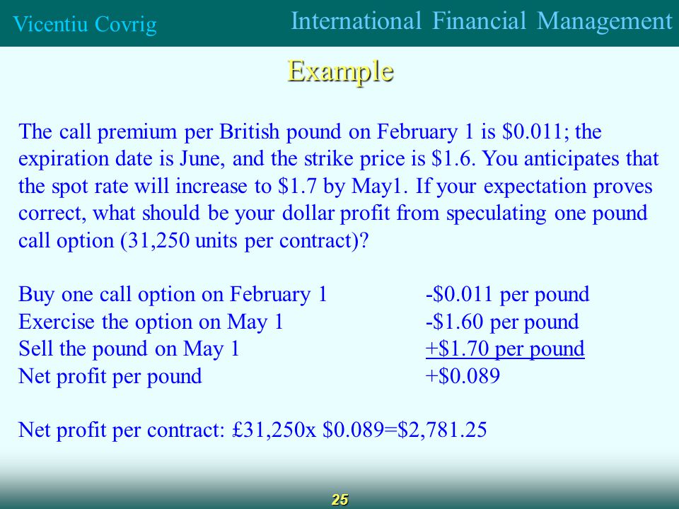 International Financial Management Vicentiu Covrig 25 The call premium per British pound on February 1 is $0.011; the expiration date is June, and the strike price is $1.6.