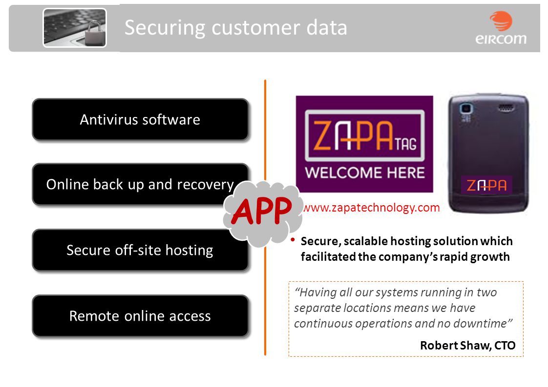 Antivirus software Online back up and recovery Secure off-site hosting Securing customer data Having all our systems running in two separate locations means we have continuous operations and no downtime Robert Shaw, CTO Secure, scalable hosting solution which facilitated the companys rapid growth   Remote online access APP