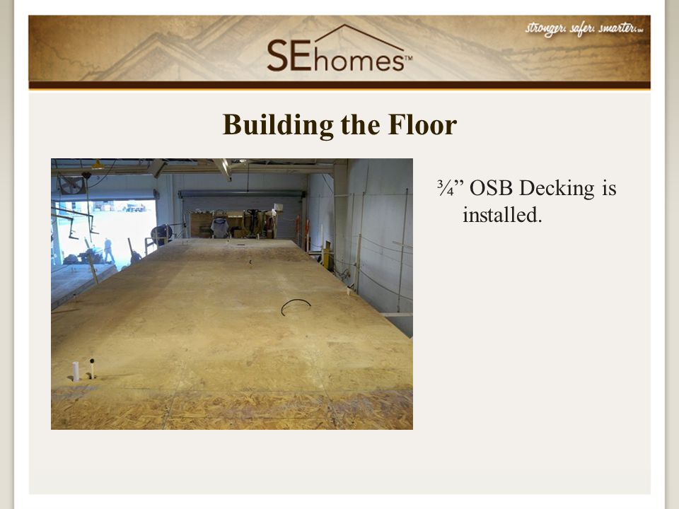 ¾ OSB Decking is installed. Building the Floor