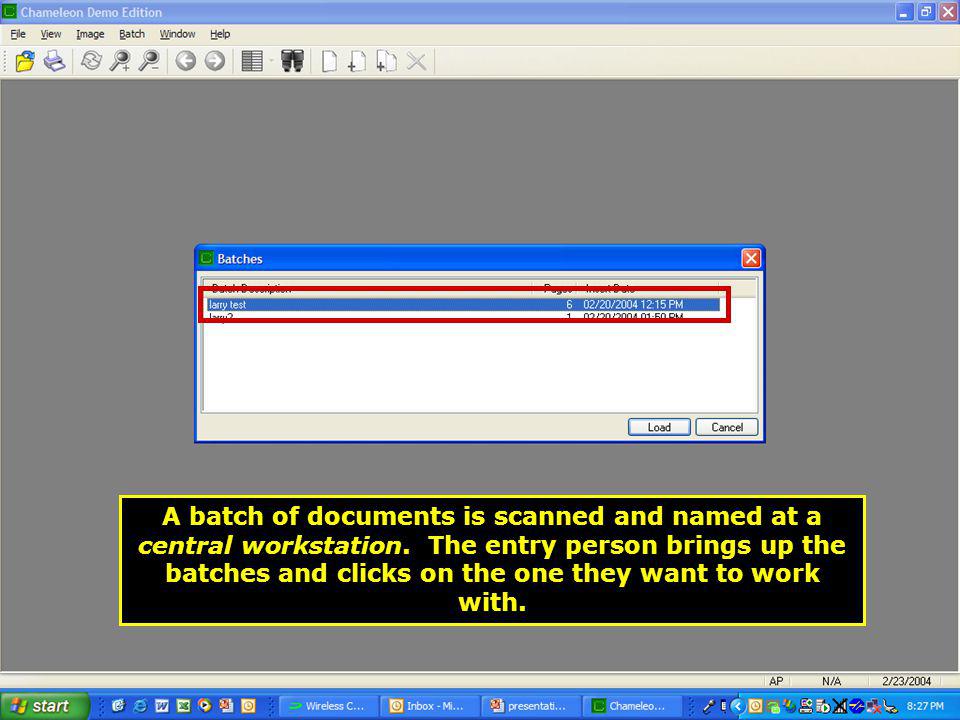 A batch of documents is scanned and named at a central workstation.