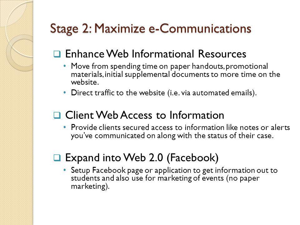 Stage 2: Maximize e-Communications Enhance Web Informational Resources Move from spending time on paper handouts, promotional materials, initial supplemental documents to more time on the website.