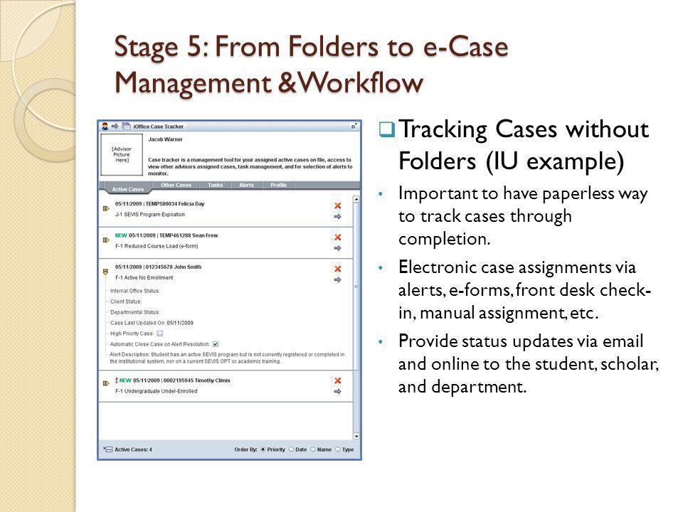 Stage 5: From Folders to e-Case Management &Workflow Tracking Cases without Folders (IU example) Important to have paperless way to track cases through completion.