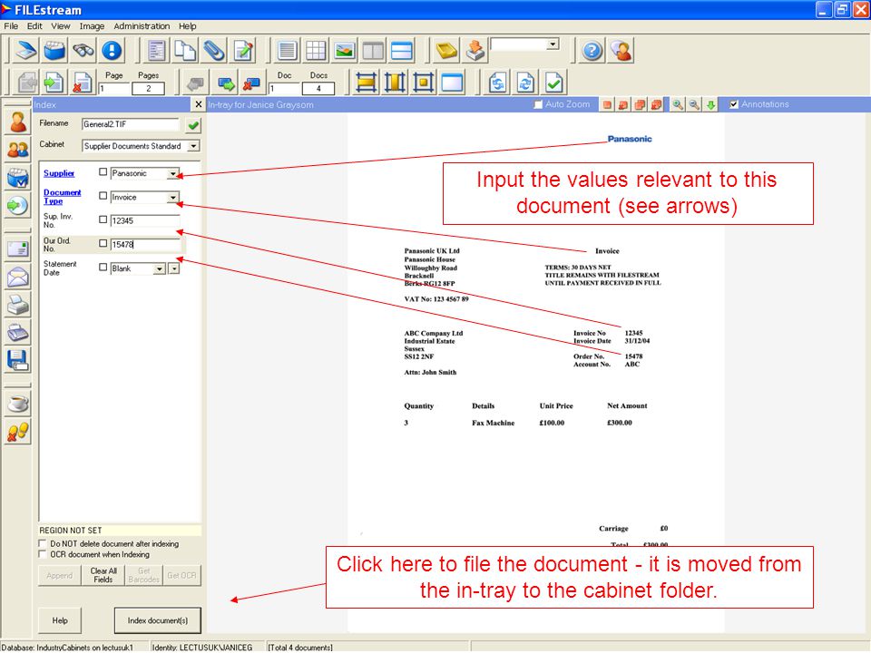 Click here to file the document - it is moved from the in-tray to the cabinet folder.