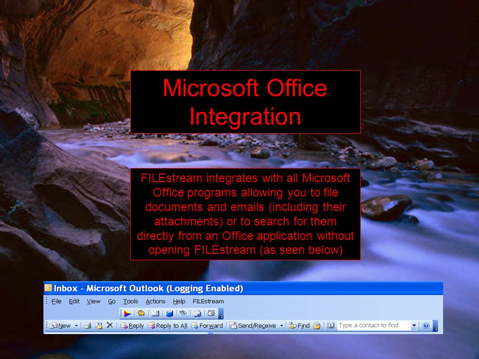 Microsoft Office Integration FILEstream integrates with all Microsoft Office programs allowing you to file documents and  s (including their attachments) or to search for them directly from an Office application without opening FILEstream (as seen below)