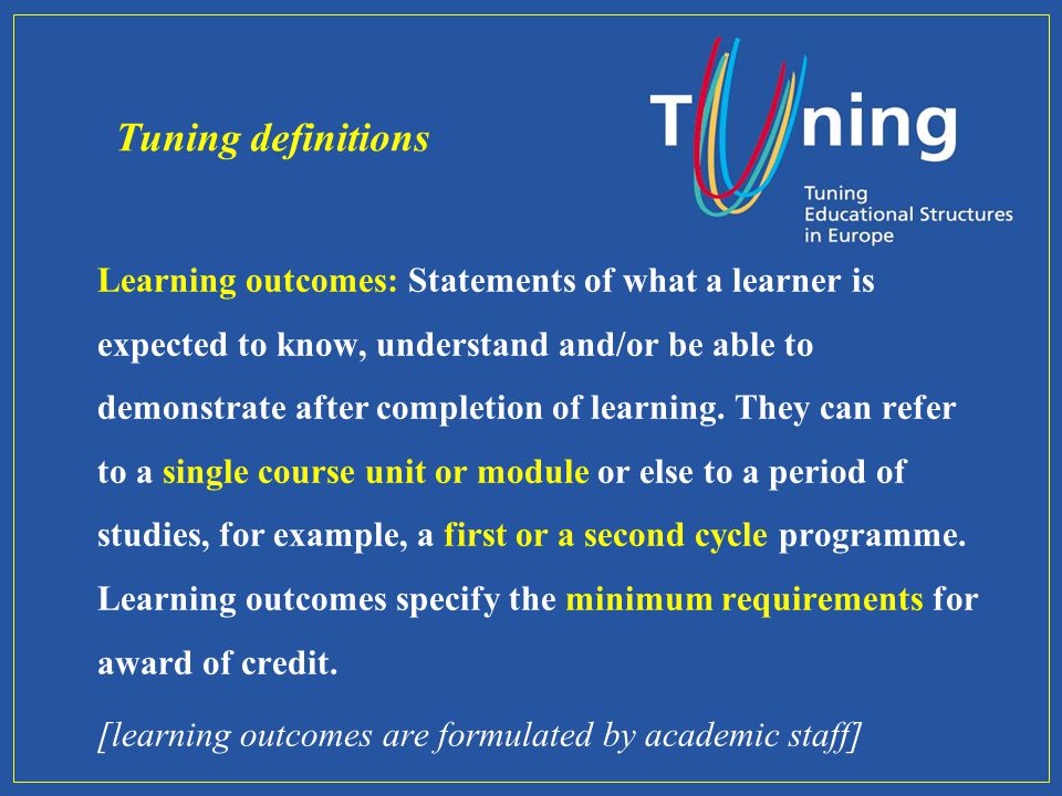 Learning outcomes: Statements of what a learner is expected to know, understand and/or be able to demonstrate after completion of learning.