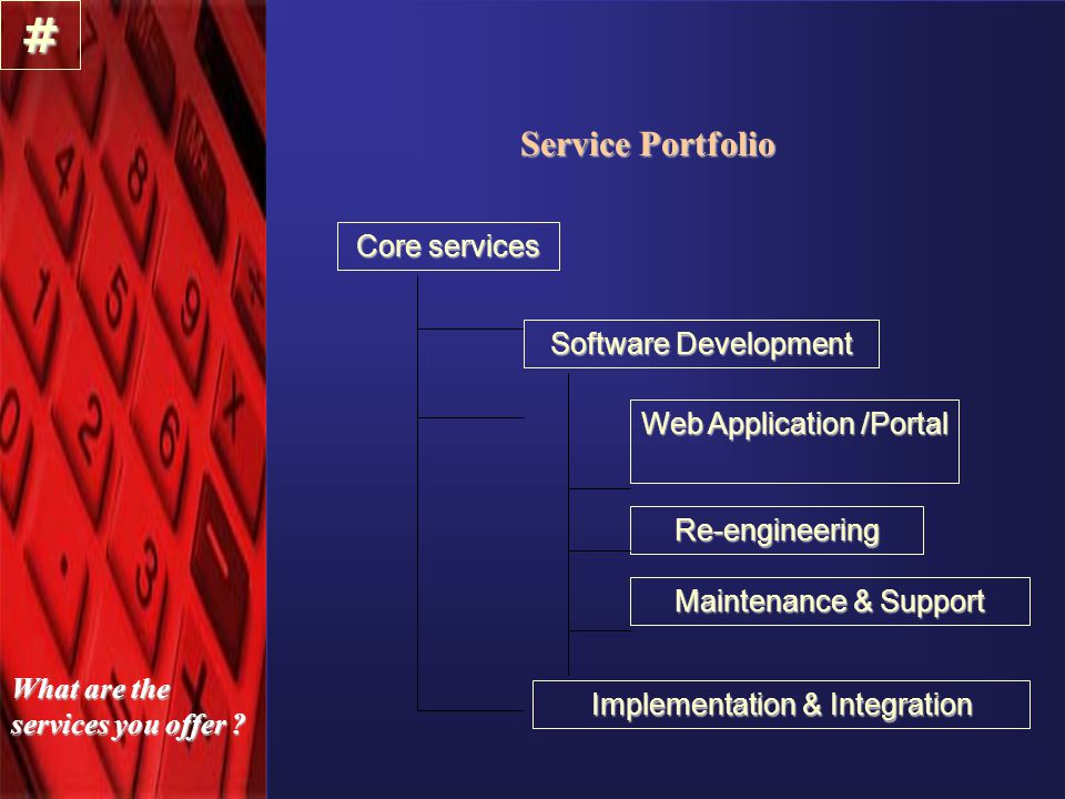 Service Portfolio Core services Software Development Re-engineering Maintenance & Support # What are the services you offer .