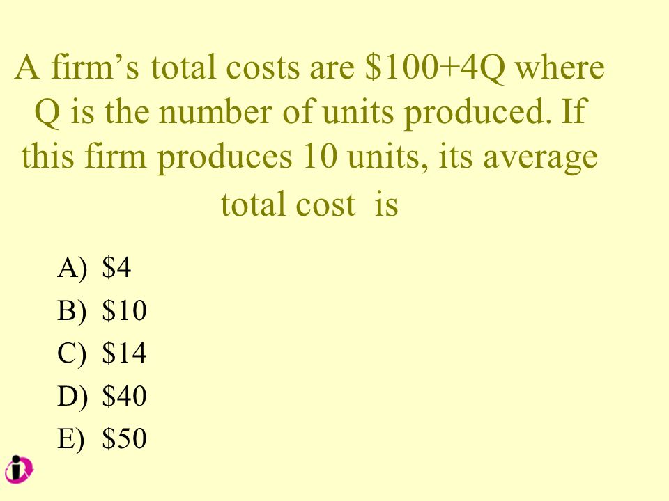 A firms total costs are $100+4Q where Q is the number of units produced.