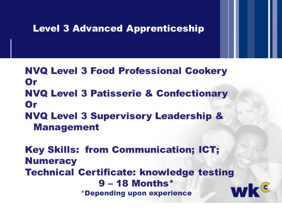 Level 3 Advanced Apprenticeship NVQ Level 3 Food Professional Cookery Or NVQ Level 3 Patisserie & Confectionary Or NVQ Level 3 Supervisory Leadership & Management Key Skills: from Communication; ICT; Numeracy Technical Certificate: knowledge testing 9 – 18 Months* *Depending upon experience