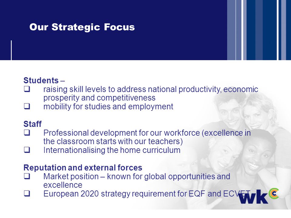 Our Strategic Focus Students – raising skill levels to address national productivity, economic prosperity and competitiveness mobility for studies and employment Staff Professional development for our workforce (excellence in the classroom starts with our teachers) Internationalising the home curriculum Reputation and external forces Market position – known for global opportunities and excellence European 2020 strategy requirement for EQF and ECVET