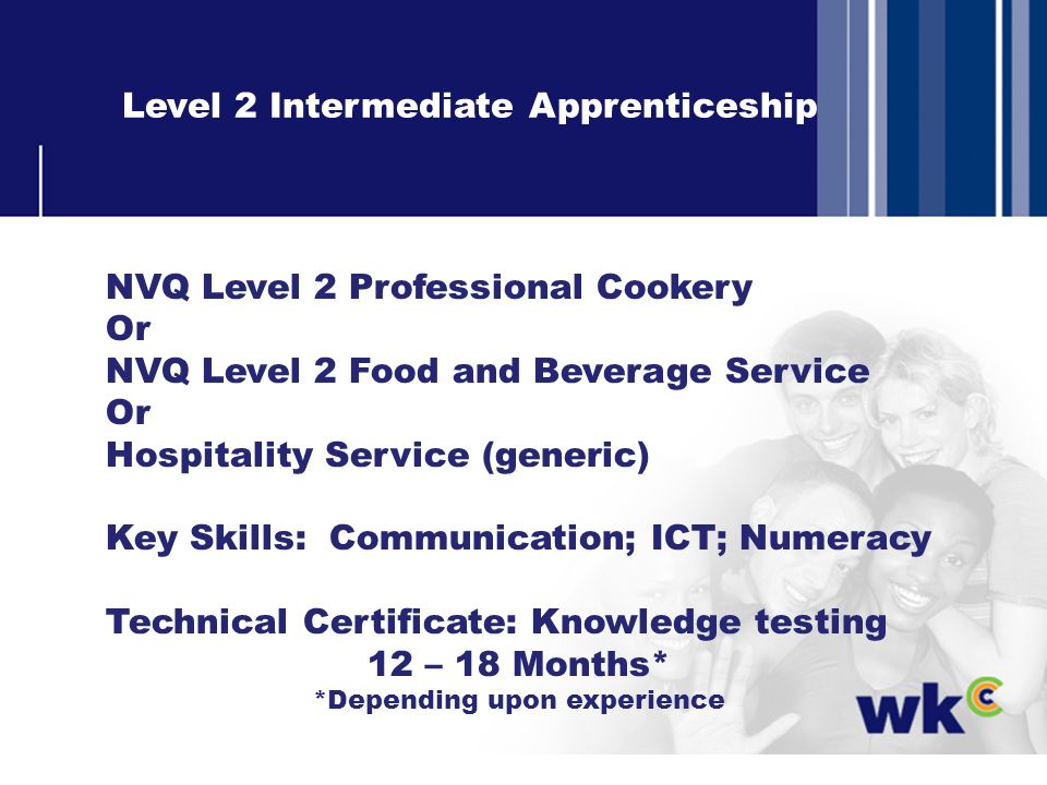 Level 2 Intermediate Apprenticeship NVQ Level 2 Professional Cookery Or NVQ Level 2 Food and Beverage Service Or Hospitality Service (generic) Key Skills: Communication; ICT; Numeracy Technical Certificate: Knowledge testing 12 – 18 Months* *Depending upon experience
