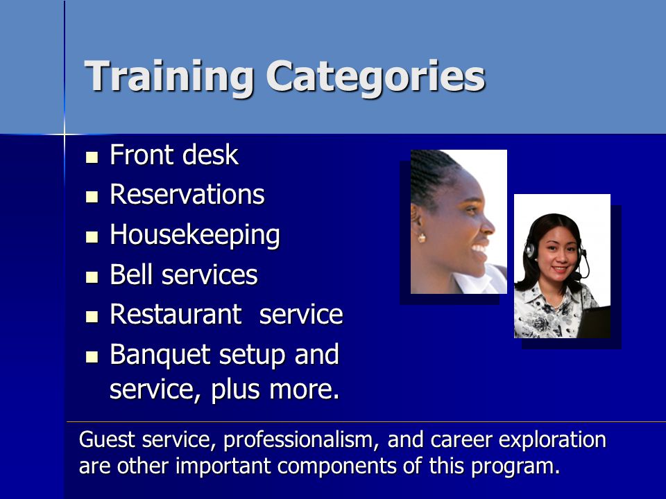 Front desk Front desk Reservations Reservations Housekeeping Housekeeping Bell services Bell services Restaurant service Restaurant service Banquet setup and service, plus more.
