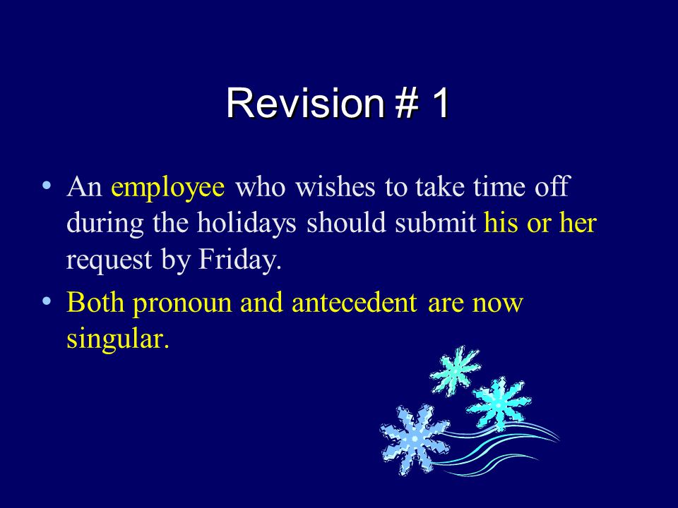 Revision # 1 An employee who wishes to take time off during the holidays should submit his or her request by Friday.