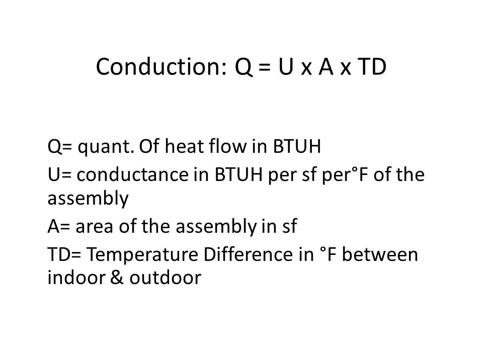 Conduction: Q = U x A x TD Q= quant.