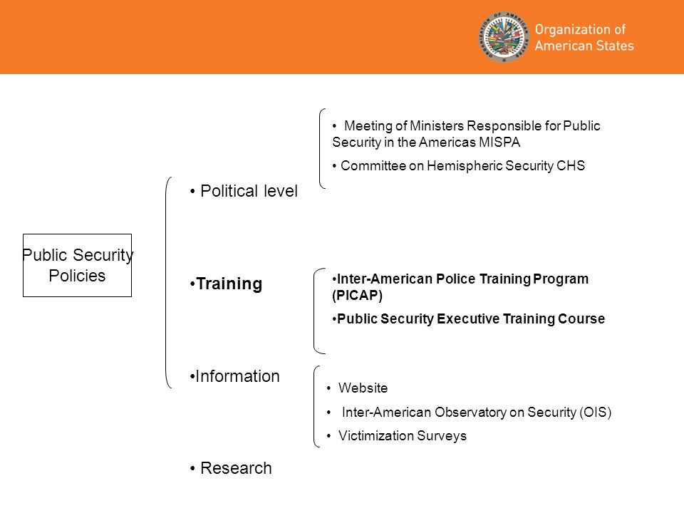 Public Security Policies Political level Training Information Research Meeting of Ministers Responsible for Public Security in the Americas MISPA Committee on Hemispheric Security CHS Inter-American Police Training Program (PICAP) Public Security Executive Training Course Website Inter-American Observatory on Security (OIS) Victimization Surveys
